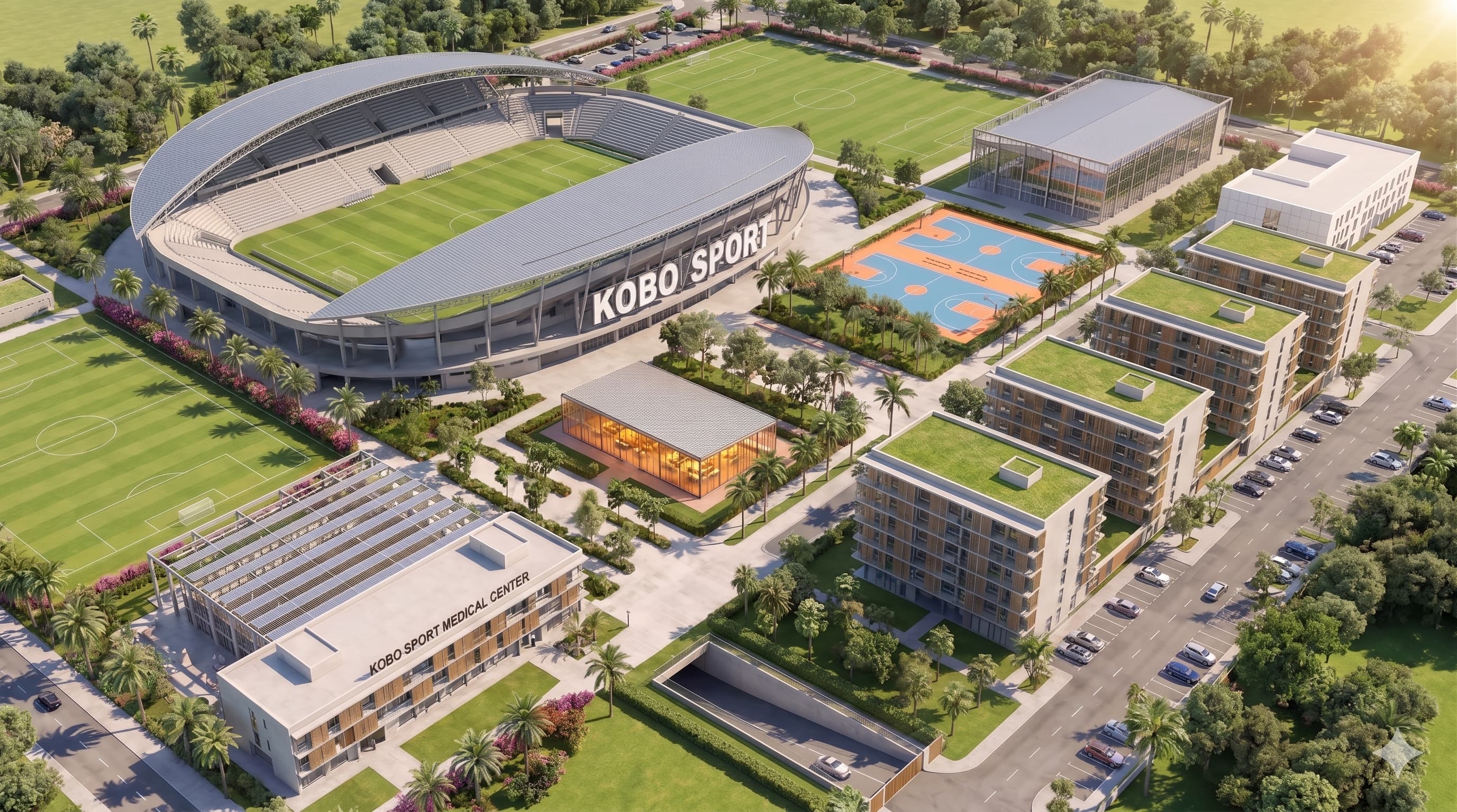 Vue aérienne du campus Kobo Sport et de ses infrastructures